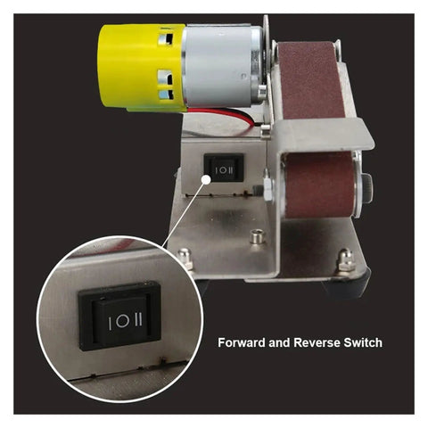 Mini Electric Belt Sander For Desktop Diy Polishing And Grinding Machine With Adjustable 7 Speed Control showing motor and switch.