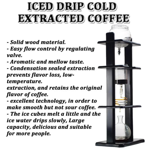Smooth Cold Brew Kickback With This Glass Drip Tower Featuring Adjustable Valve Control And Reusable Steel Filter For Zero Stress Coffee Moments That Just Hit Different, showcasing a solid wood frame and five cup capacity.