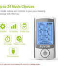 Front view of AUVON rechargeable TENS unit with blue display and round control dial