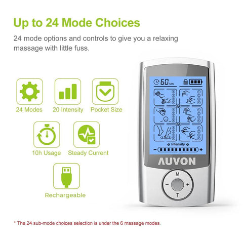 Front view of AUVON rechargeable TENS unit with blue display and round control dial