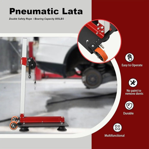 Pneumatic Powered Sheet Metal Dent Pulling Tower Kit for Auto Body Shaping and Alignment in a workshop setting