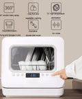 Compact Countertop Dishwasher With Six Place Settings And Five Wash Cycles Makes Kitchen Cleanups A Total Breeze For Small Apartments And Busy Homes with control panel and dishes inside.