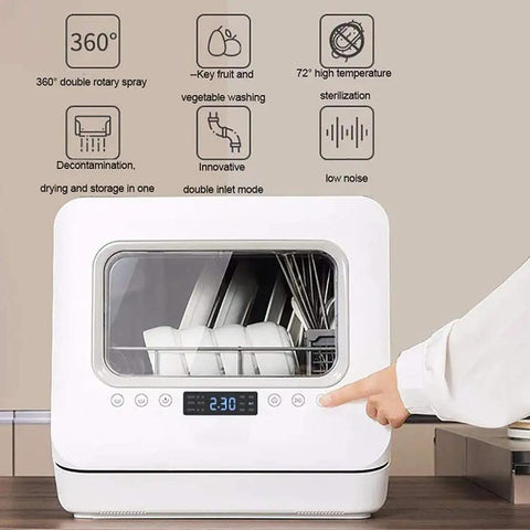 Compact Countertop Dishwasher With Six Place Settings And Five Wash Cycles Makes Kitchen Cleanups A Total Breeze For Small Apartments And Busy Homes with control panel and dishes inside.