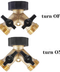 Heavy Duty Brass Garden Hose Splitter 2 Way Y Valve With Easy Grip Handle And Independent Shutoffs Lets You Run Dual Hoses From One Spigot Outdoor Faucet Splitter With Rubber Washers For Leak Free Watering, brass 2-way valve in off and on positions