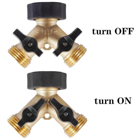 Heavy Duty Brass Garden Hose Splitter 2 Way Y Valve With Easy Grip Handle And Independent Shutoffs Lets You Run Dual Hoses From One Spigot Outdoor Faucet Splitter With Rubber Washers For Leak Free Watering, brass 2-way valve in off and on positions