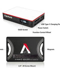 Top view of Amaran MC RGBWW Mini On Camera Light with OLED screen, USB-C port, magnets, function control wheel, and mount.