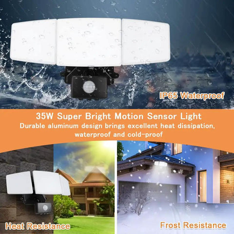 Plug In Motion Sensor Light With 3 Adjustable Heads 35W LED Outdoor Flood Light No Nonsense IP65 Waterproof Exterior