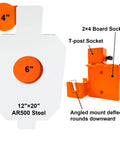 AR500 Steel Hostage Target 12 by 20 Inch Three Eighths Inch Armor Bullseye Reactive Target for Pistols and Rifles With 2 by 4 T Post Bracket IDPA Style Practice Range Ready, showing steel target and mounting bracket details.
