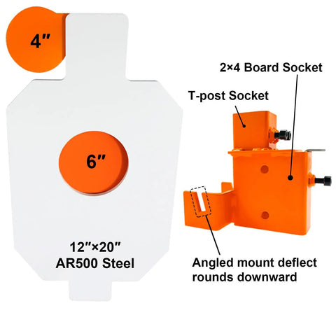 AR500 Steel Hostage Target 12 by 20 Inch Three Eighths Inch Armor Bullseye Reactive Target for Pistols and Rifles With 2 by 4 T Post Bracket IDPA Style Practice Range Ready, showing steel target and mounting bracket details.