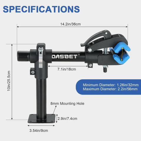 Bike Repair Wall Mount Stand With Adjustable Clamp for Road and Mountain Bikes, heavy duty, shown with specifications.