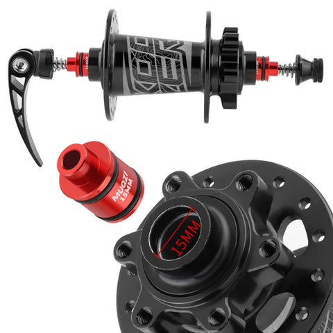 1 Pair Mountain Bike Hub Quick Release Adapter End Cap Converts 12mm and 15mm Thru Axles to 9mm Quick Release for Mountain and Road Bikes Aluminum Alloy Durable Black, close-up of adapter with detailed view of 15mm size marking, black and red components