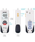 Risepro digital manometer; white handheld HVAC differential pressure gauge with black grip, front view shows display and orange buttons.