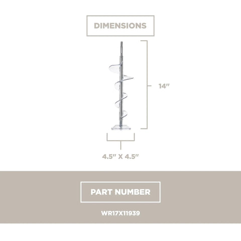 Refrigerator Dispenser Auger WR17X11939 Replacement Part For Ice Maker shown with dimensions 14" x 4.5"