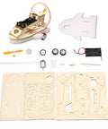 Wooden Vehicle Model Kit For Hands On Mechanical Engineering Fans with parts layout including wooden sheets and components.