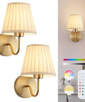 Must Have Battery Operated Wall Sconce Set Of 2 With Pleated Fabric Shade In Gold Remote Control Cordless Rechargeable Wall Lamps