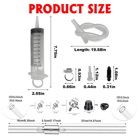 All In One Brake Bleed Kit For Hydraulic Disc Clutches And Car Brakes With 100ml Syringe, hoses, clamps, and adapters product sizes