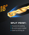 118-degree tip of 230-Piece Titanium Twist Drill Bit Set For Metal And Wood, Coated HSS with split point features.