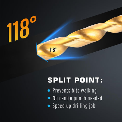 118-degree tip of 230-Piece Titanium Twist Drill Bit Set For Metal And Wood, Coated HSS with split point features.