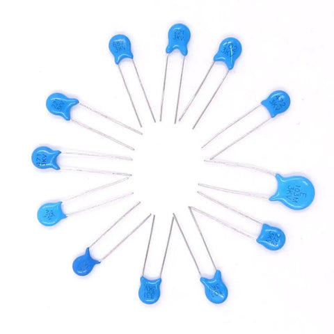 Blue epoxy-coated High Voltage DIP Ceramic Capacitor Kit 3KV Range 100pF To 10000pF 15 Values arranged in a circle
