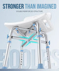 Bottom view of Heavy Duty Shower Chair With Back Support, 500 lb capacity, featuring reinforced aluminum frame and EVA padded seat.