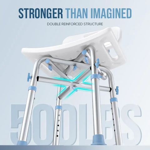 Bottom view of Heavy Duty Shower Chair With Back Support, 500 lb capacity, featuring reinforced aluminum frame and EVA padded seat.