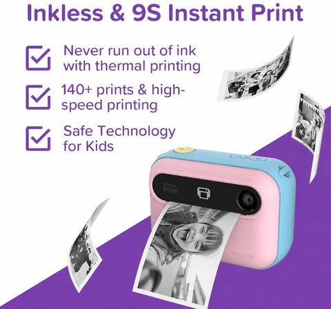 Kids Instant Print Camera Insta 20 Hybrid Digital And Instant Photo Printer For Ages 4 To 12, 7 Second Inkless Printing, Selfie Frames, Easy Controls, Creative Frames, Great Birthday Gift. Kids pink and blue instant print camera with thermal photo strips