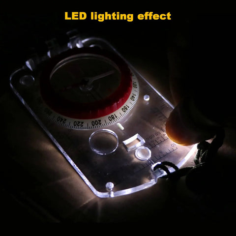 Glow In The Dark Hiking Compass With Waterproof Base Plate, Mirror Sighting, Map Reading And Survival Gear with LED lighting effect.
