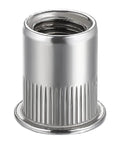 Twenty Pieces 304 Stainless Steel Flat Head Threaded Inserts With Knurled Body For Heavy Duty Metal Work and Punched Hole Strength Installation That Holds Tight, close-up of a knurled insert.