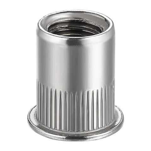 Twenty Pieces 304 Stainless Steel Flat Head Threaded Inserts With Knurled Body For Heavy Duty Metal Work and Punched Hole Strength Installation That Holds Tight, close-up of a knurled insert.