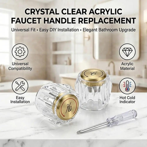 Clear Acrylic Faucet Handles Replacement Kit Two Pack With Screwdriver For D Shaped Stems in bathroom setting.