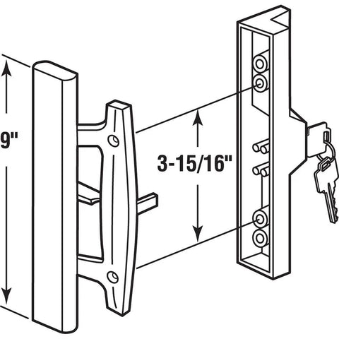 Diagram showing Patio Door Handle Set With Diecast Body And Wood Pull, White Finish, Keyed, 3-15/16 Inch Center To Center dimensions