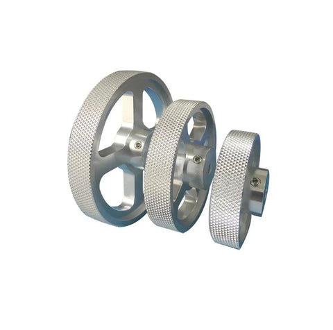 Aluminum Alloy Synchronous Encoder Measuring Wheel, 67.45mm * 6mm, three sizes showcasing aluminum construction and textured grip.