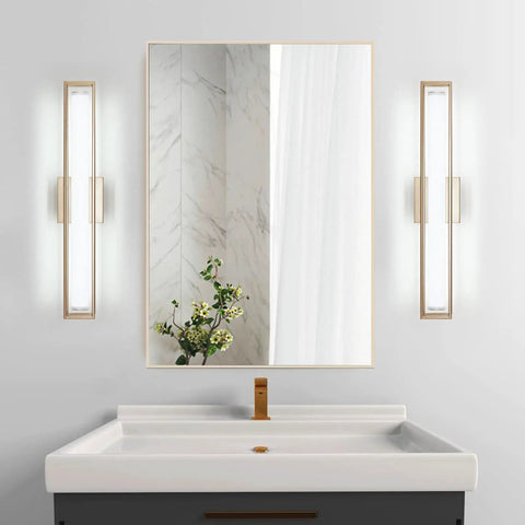 Bathroom with mirror and 6000K Dimmable Vanity Light Bar For Bathroom, 26 Inch Champagne Gold LED Mirror Fixture on walls