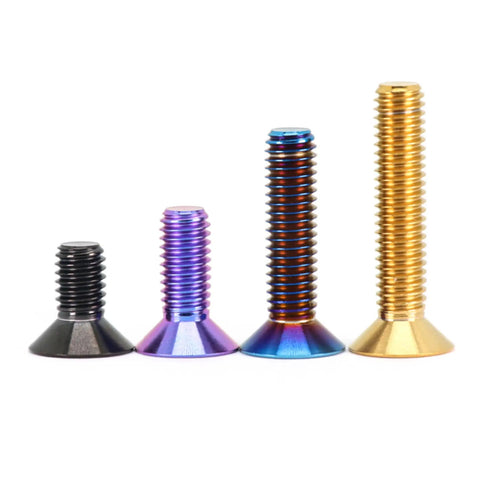 Top Shelf Titanium Countersunk Screws Slick Blue Purple Flat Head Bolts Heavy Duty Aviation Grade Ti 6Al 4V Precision Fasteners M4 M5 M6 M8 Four Pack, showing various sizes in black, purple, and gold.