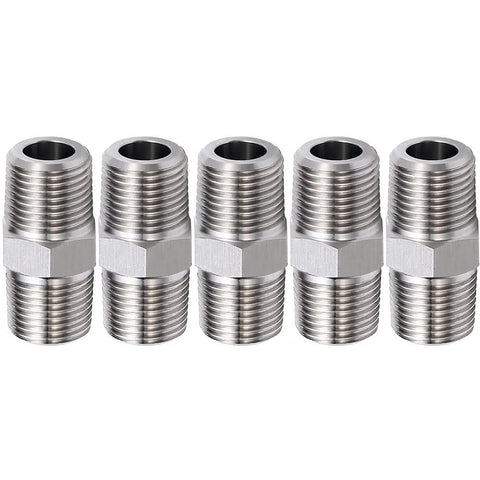 Pack of five Three Eighths Inch NPT Male To Three Eighths Inch NPT Male Hex Nipples, 304 Stainless Steel Pipe Fittings, side view