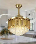 42 Inch Retractable Crystal Ceiling Fan With Lights And Remote Dimmable LED Chandelier in gold with clear blades.
