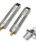 Pair Of Heavy Duty Ball Bearing Drawer Slides With Integrated Safety Lock Full Extension Metal Runners shown with measurement tool