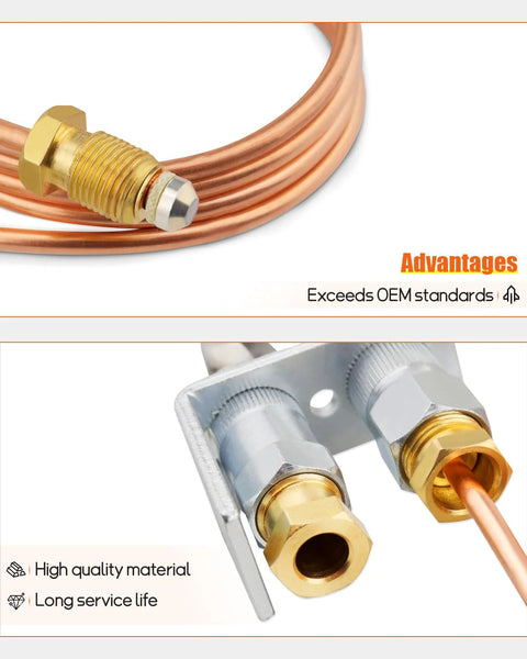 Copper pilot burner with brass fittings and mounting bracket for gas furnaces and water heaters