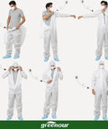 Man wearing Disposable Hazmat Coveralls With Hood Pack Of 12 White Breathable SMS Non Woven Painter Suit With Front Zip