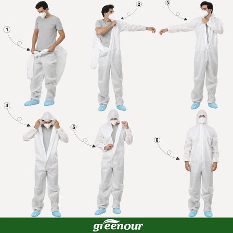 Man wearing Disposable Hazmat Coveralls With Hood Pack Of 12 White Breathable SMS Non Woven Painter Suit With Front Zip