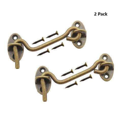 2 Pack Solid Copper Barn Door Latches, Heavy Duty 3 Inch Gate Locks With Hook And Eye, Antique Brass Finish, Screws Included