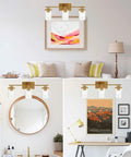 Brushed Brass 3 Light Vanity Light With Clear Glass Shades, Modern Farmhouse Wall Mount Fixture in living and vanity rooms