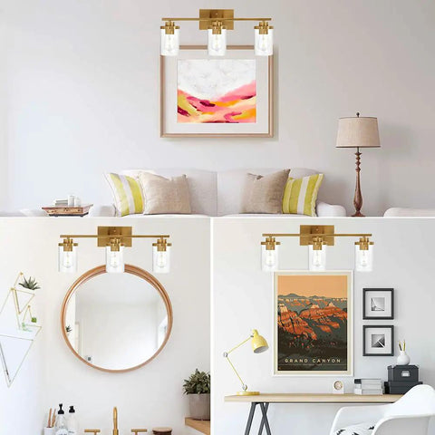 Brushed Brass 3 Light Vanity Light With Clear Glass Shades, Modern Farmhouse Wall Mount Fixture in living and vanity rooms