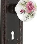 Meadows Plate With Keyhole Privacy Door Knob Set, White Rose Porcelain Knobs On Solid Brass Plates In Timeless Bronze shown