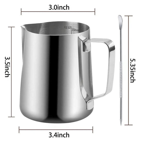 12oz Stainless Steel Milk Frothing Pitcher For Latte Art Pro Grade Barista Steam Pitcher With Inner Measurements Easy Pour Milk Jug And Decorating Pen Rustproof Dishwasher Safe Perfect For Cappuccino And Latte, showing pitcher dimensions and pen