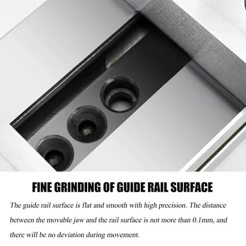 Close-up of Dead Nuts Accurate Bench Vise showing finely ground guide rail with 0.1mm precision for CNC machining.