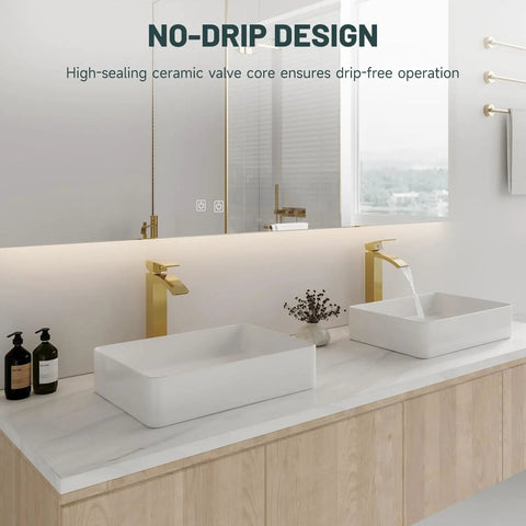 Modern bathroom with Brushed Gold Vessel Sink Faucet With Waterfall Design Tall Spout Single Handle Single Hole DIY install
