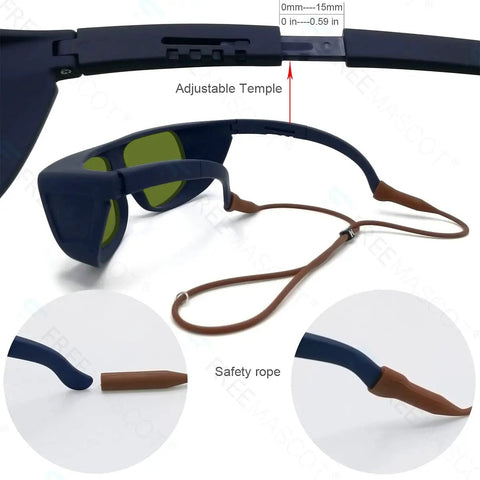Hardcore Pro Grade Laser Safety Glasses Offering Genuinely Legit OD Eight Plus Protection Over UV And IR Spectrums showing adjustable temple and safety rope.