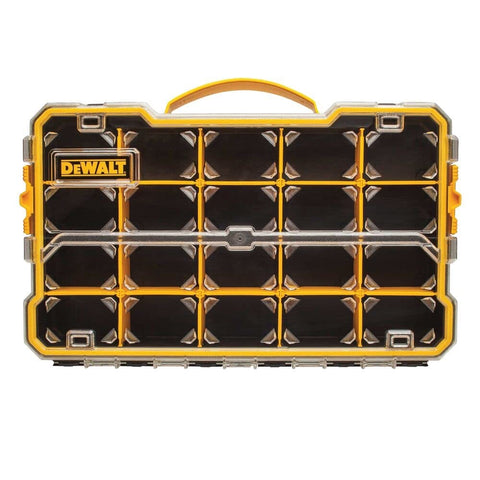 20 Compartment Pro Organizer With Removable Dividers, Heavy Duty Polycarbonate Lid, Stackable Side Latches, And Easy Carry Handle For Tools, Hardware, Small Parts, And DIY Gear DWST14830 front view