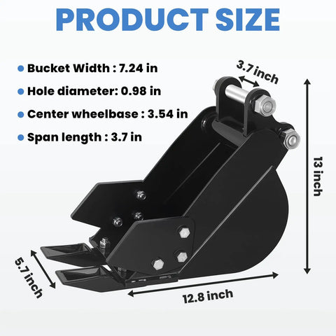 Built Tough Mini Excavator Attachment with High Manganese Steel Tooth and Two Pins showing dimensions and flat backhoe bucket size.
